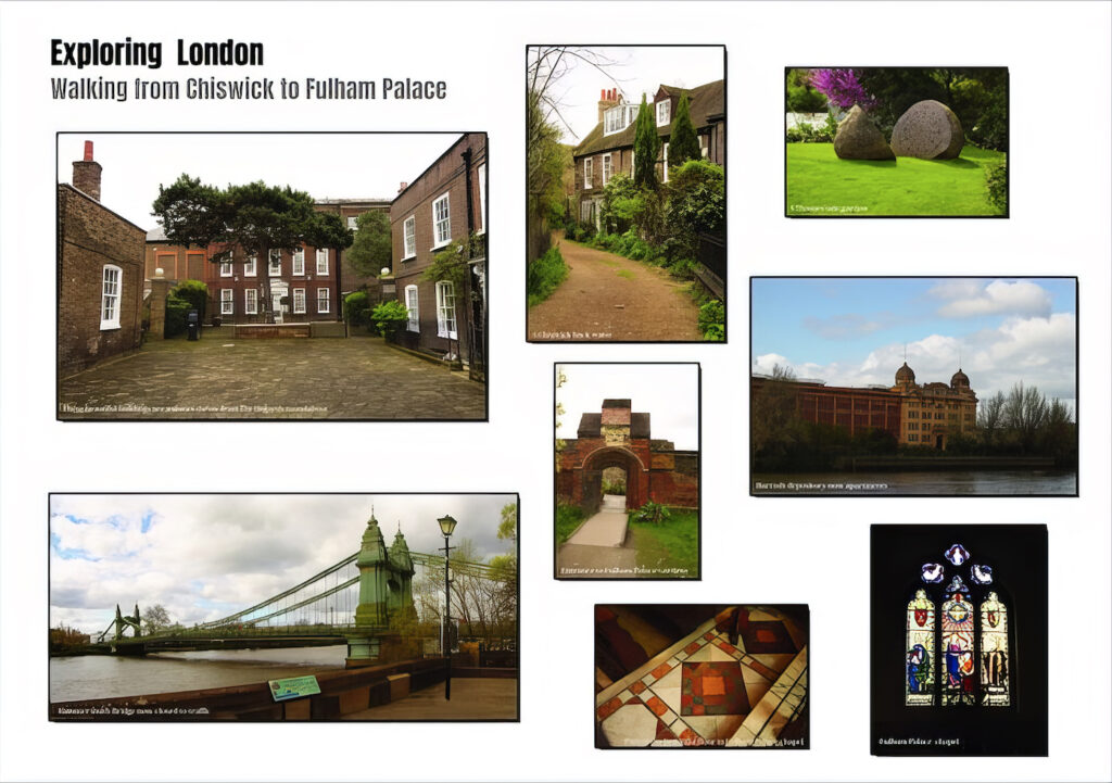 Several views of London on the walk from Chiswick to Fulham Palace