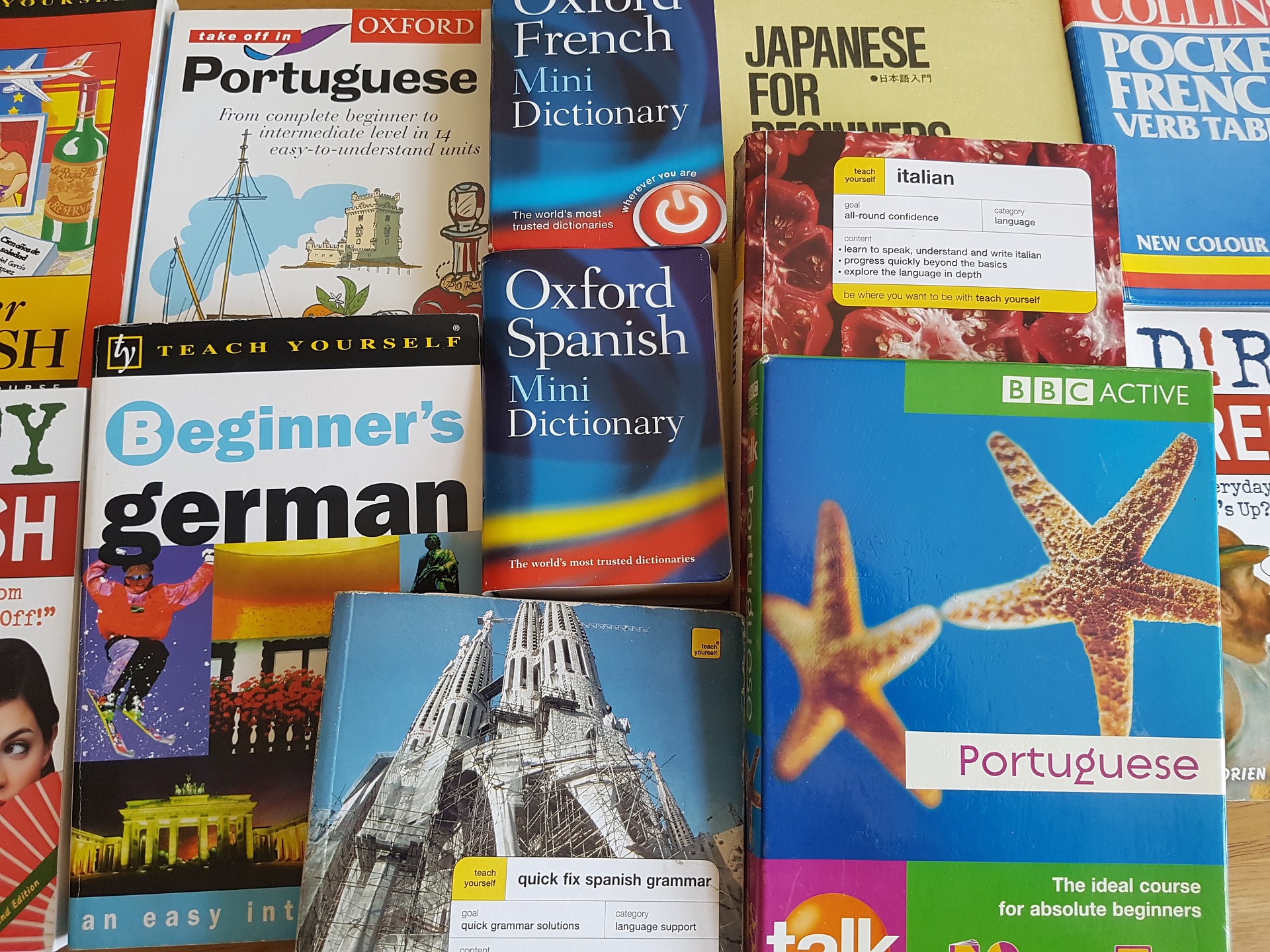 A top view of lots of language books